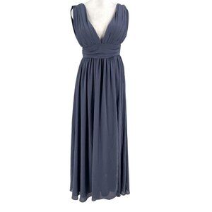 Lulus Banded Waist V-Neck Side-Slit Chiffon Maxi Dress Bridesmaid Blue size XS